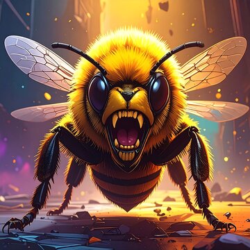 Close-up of angry, large bee with exposed teeth and glowing background