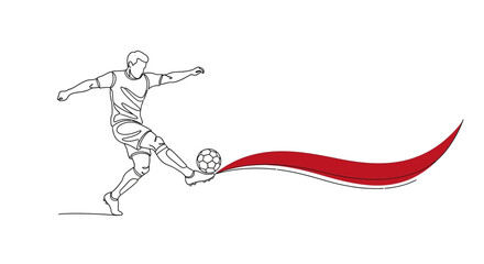 Fototapeta premium Continuous line art drawing of a soccer player kicking a football with a dynamic red wavy trail on a white background.