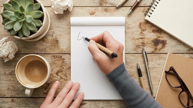 Hand notebook pen on wooden desk with coffee cup plant and creative workspace writing blank paper crumpled page pencil glasses minimal office supply