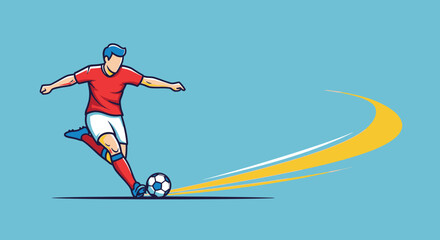 Fototapeta premium Illustration of a male soccer player in a red jersey kicking a football with a dynamic yellow motion trail on a light blue background.