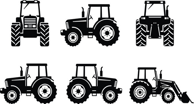 Black and white vector silhouettes of tractors in multiple orientations including front, side, rear, and loader attachment, agricultural machinery 