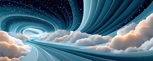 Fototapeta premium Surreal blue cloud tunnel with glowing strands and looping wave for futuristic digital travel