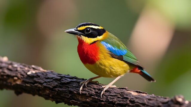 Vibrant multi-colored songbird perched on a mossy branch, exotic tropical bird with red yellow and blue feathers, wildlife photography in a lush forest