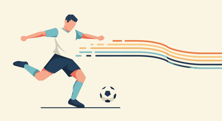 Obraz premium A male soccer player in a white and blue uniform kicking a soccer ball with dynamic motion lines in a flat illustration style.