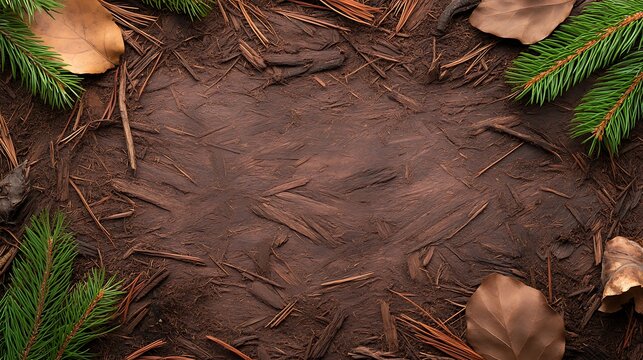 Natural Wood Background Surrounded by Green Pine Needles and Dry Leaves in Forest Setting