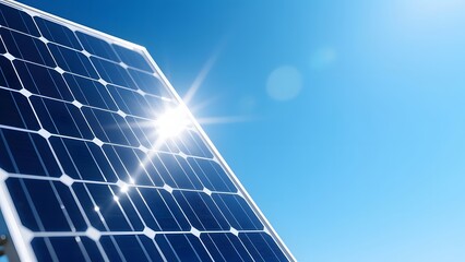 Obraz premium Solar Panel Powering the Future: A close-up shot of a solar panel gleams brilliantly under a clear, azure sky, showcasing the promise of renewable energy and sustainable living.