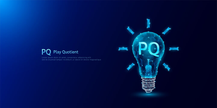 PQ Play Quotient symbol in light bulb style polygon glowing blue on a dark background. Emotional intelligence balance of child brain. Leadership development growth concept. Vector.
