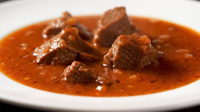 Traditional Austrian goulash close-up slow rotation macro shot with rich paprika beef stew in rustic bowl
