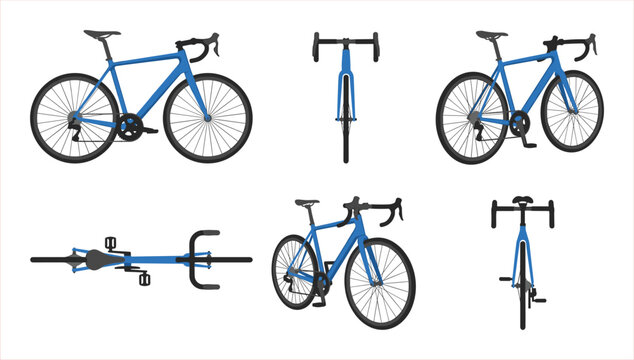 Collection of Blue Road Bicycle Views: Side, Front, Rear, Top, and Angled Perspectives