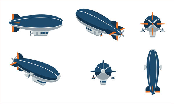 Set of stylized airship illustrations from multiple perspectives, featuring blue and orange color scheme.