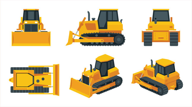 Set of Yellow Construction Bulldozers from Multiple Angles: Front, Side, Top, and Perspective Views