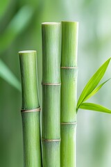Fototapeta premium Fresh Green Bamboo Stalks with Bright Leaves in Soft Focus Background of Natural Environment
