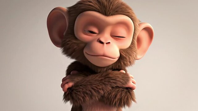 A charming 3D animated baby monkey winks playfully with arms crossed, exuding personality and cuteness against a clean, neutral background.