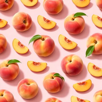 Seamless Pattern of Fresh Peaches and Slices on Pink Background, Top View
분홍색 배경 위 신선한 복숭아와 조각 과일의 심리스 패턴, 탑뷰