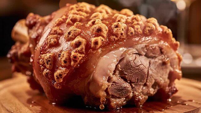 Roasted pork knuckle Schweinshaxe crispy golden brown meat close-up on wooden board delicious food