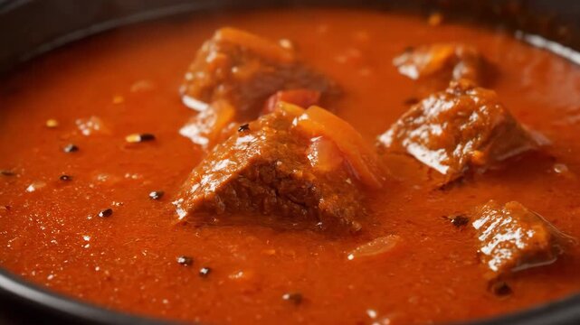 Slovak goulash slow-cooked beef stew with rich paprika gravy close-up macro food video
