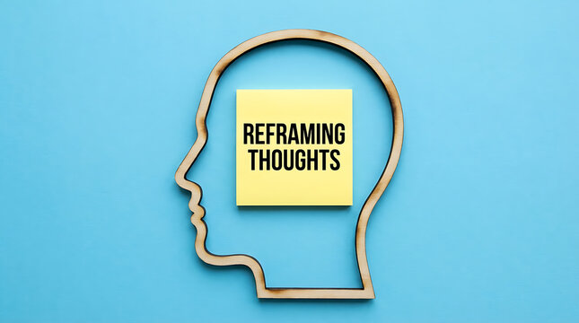 A wooden outline of a human head with a yellow post-it note inside that reads reframing thoughts on a blue background