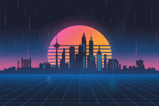 Futuristic Neon City Skyline and Digital Rain Design