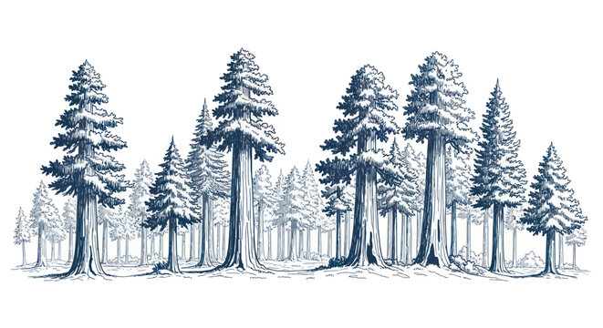 Sequoia Forest Landscape, Tall Evergreen Trees, Hand Drawn Sketch Style