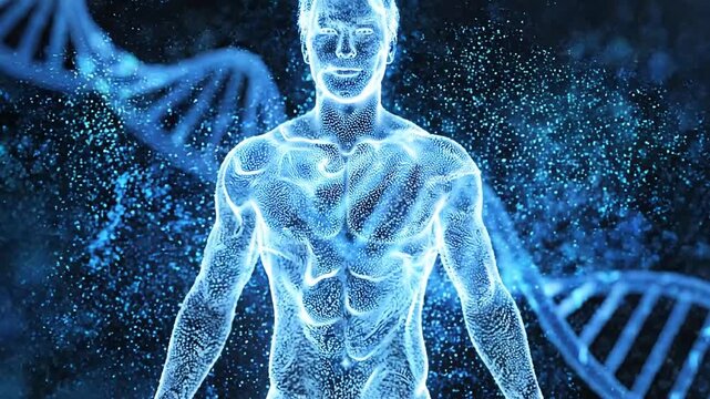 A glowing blue DNA strand dissolves into particles to form a digital human silhouette, symbolizing genetic engineering, biotechnology, and the future of human health and identity.