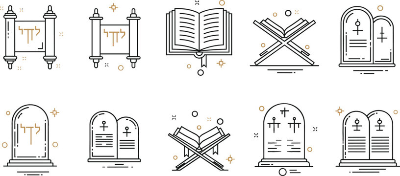 Religious line icons set with Torah scrolls open book tablets and sacred symbols, faith and spirituality outline collection vector illustration pack