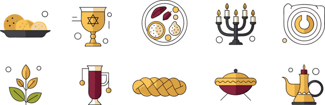 Jewish holiday food and ritual icons set with challah wine menorah and ceremonial symbols, traditional culture collection vector illustration pack