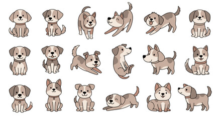 Fototapeta premium Collection of adorable cartoon puppies in various playful poses showcasing different breeds and expressions perfect