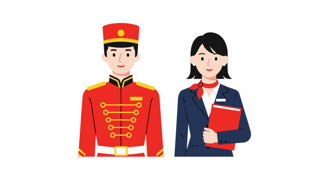 Professional hotel staff a smartly dressed male doorman in red uniform and a female receptionist in blue blazer