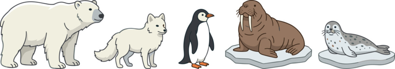 Arctic Animals Illustration Set Featuring Polar Bear, Arctic Fox, Penguin, Walrus, and Seal on Ice for Wildlife and Polar Nature Design © Mustak