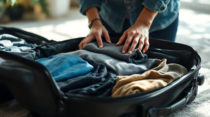 Naklejka premium A person's hands are carefully folding and arranging various clothes inside an open black suitcase, preparing for a trip.
