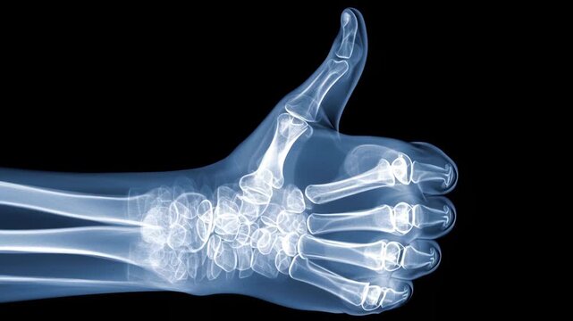 X-ray image of hand showing thumbs-up gesture on black background  