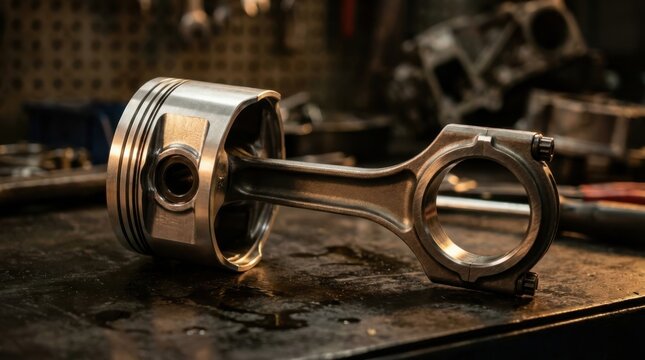 Engine piston and connecting rod on workbench in garage