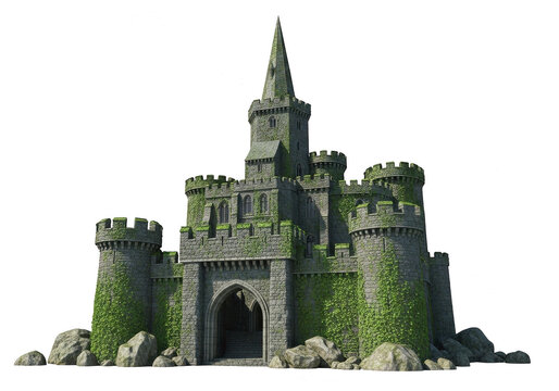 Ancient castle with green ivy climbing its stone walls and towers