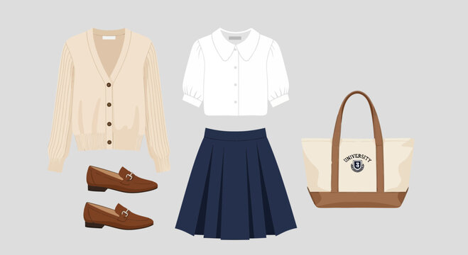 Minimalist flat vector illustration of a smart casual outfit set including a cardigan, short sleeve blouse, pleated skirt, loafers, and tote bag, clean line art, soft neutral color palette, preppy sty