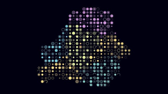 Belarus map animation. Shape of the country with pulsating colored dots. Large size circle blocks. Digital style Belarus map on dark background. Abstract video.