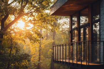 Fototapeta premium Modern house glass balcony forest tree sunset light nature landscape contemporary architecture wooden detail outdoor view Tranquil modern house