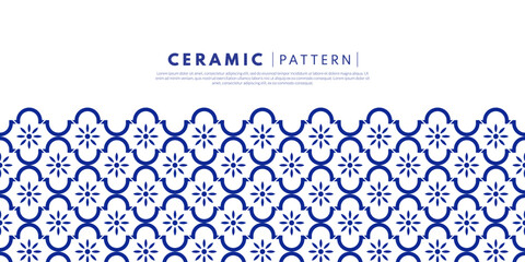 Fototapeta premium Blue Geometric Floral Tile Pattern. Arabic background.Seamless decorative pattern featuring blue geometric shapes and floral motifs on a clean white background.