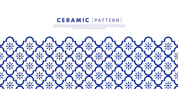 Blue Geometric Floral Tile Pattern. Arabic background.Seamless decorative pattern featuring blue geometric shapes and floral motifs on a clean white background.