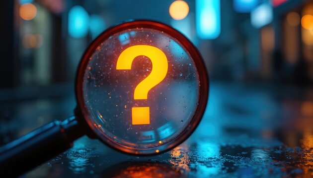 Magnifying glass inspects glowing question mark on wet city street at night. Blurred lights create mystery and curiosity. Investigation, search, problem solving, enigma concept.