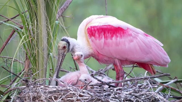 Baby roseate spoonbill chicks in the nest begging for food at sunset time