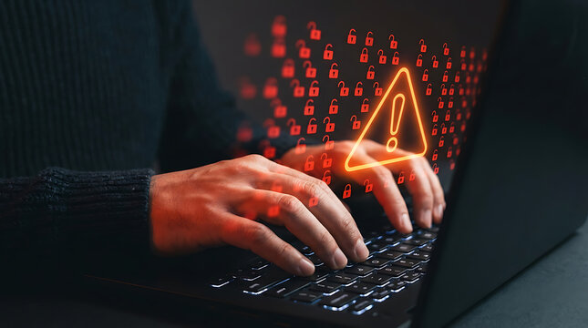 A person types on a laptop keyboard with a warning symbol and red binary code displayed on the screen in the background