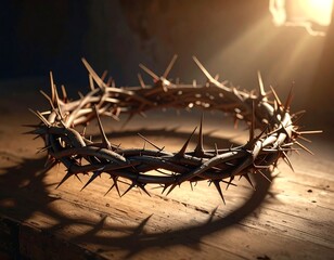 Fototapeta premium A thorny crown on a wooden table with a light beam