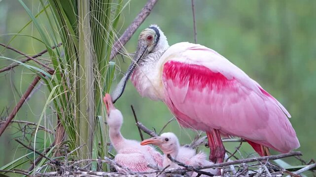 Two cute baby roseate spoonbill chicks in the nest begging for food