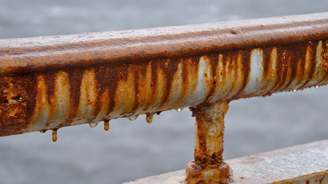 Close-up of Rusty Metal Railing with Dripping Water