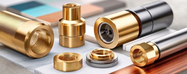 Close-up of brass fittings and metal parts arranged on a work table