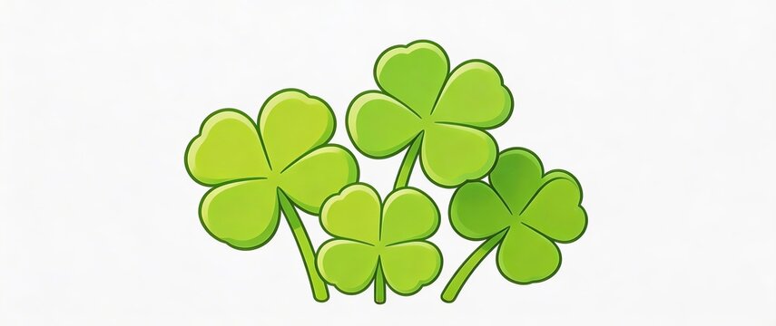 Vector illustration of four green clover plants with four-leaf shamrocks, simple flat design on white background. Represents luck, Irish culture, and St. Patrick's Day. Isolated on white.