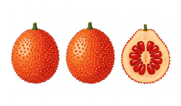 Fresh Gac Fruit Vector Illustration with Whole and Cut Tropical Fruit Isolated on White Background