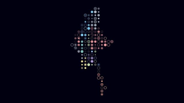 Myanmar animated country shape. Pulsating colored dots on the map of the country. Large size circle blocks. Digital style Myanmar map on dark background. Stylish animation video.