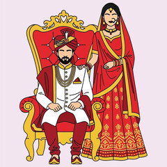 Obraz premium Traditional south asian wedding couple in ornate red and white ethnic bridal attire on royal throne vector