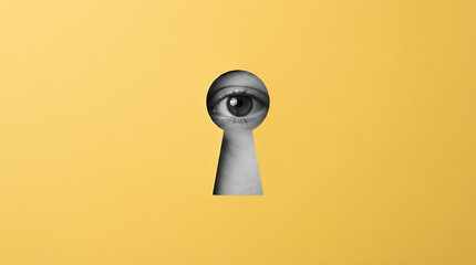 A gray keyhole with a human eye looking through it set against a bright yellow background with a sense of curiosity and surveillance